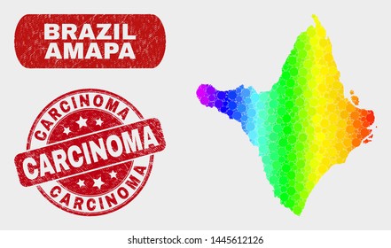 Spectrum dot Amapa state map and stamps. Red rounded Carcinoma distress seal stamp. Gradient spectral Amapa state map mosaic of randomized circle dots. Carcinoma seal stamp with rubber surface.