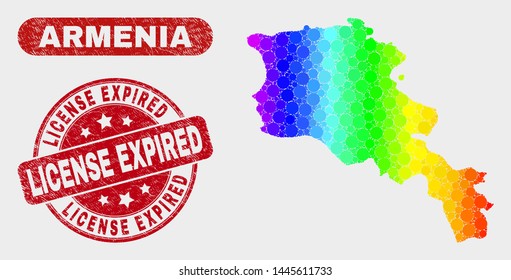 Spectrum dot Armenia map and seal stamps. Red round License Expired distress watermark. Gradient spectrum Armenia map mosaic of randomized small spheres. License Expired seal stamp with dirty texture.