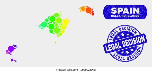 Spectrum dot Balearic Islands map and stamps. Blue round Legal Decision distress stamp. Gradiented spectrum Balearic Islands map mosaic of scattered round spots.