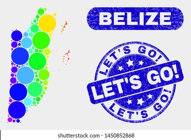 Spectrum dot Belize map and seal stamps. Blue rounded Let'S Go! distress seal stamp. Gradiented spectrum Belize map mosaic of randomized small spheres. Let'S Go! seal stamp with scratched surface.