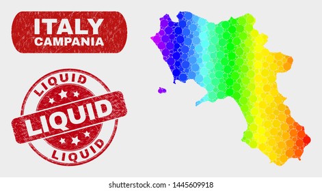 Spectrum dot Campania region map and watermarks. Red rounded Liquid grunge stamp. Gradient spectrum Campania region map mosaic of randomized round dots. Liquid seal stamp with scratched surface.