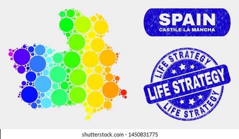 Spectrum dot Castile-La Mancha Province map and stamps. Blue round Life Strategy scratched stamp. Gradient spectral Castile-La Mancha Province map mosaic of scattered round elements.