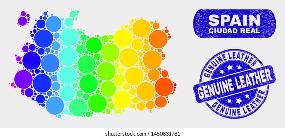 Spectrum dot Ciudad Real Province map and watermarks. Blue round Genuine Leather grunge seal stamp. Gradiented spectrum Ciudad Real Province map mosaic of scattered circle dots.