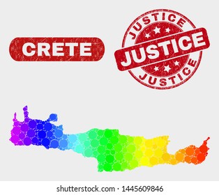 Spectrum dot Crete map and seal stamps. Red rounded Justice scratched stamp. Gradient rainbow colored Crete map mosaic of random small spheres. Justice seal stamp with rubber texture.