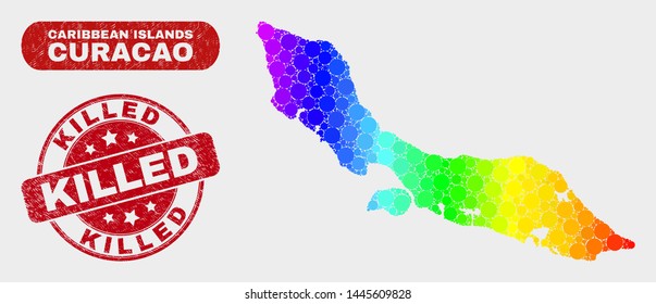 Spectrum dot Curacao Island map and seals. Red round Killed distress seal stamp. Gradient spectral Curacao Island map mosaic of scattered circle dots. Killed seal stamp with rubber surface.