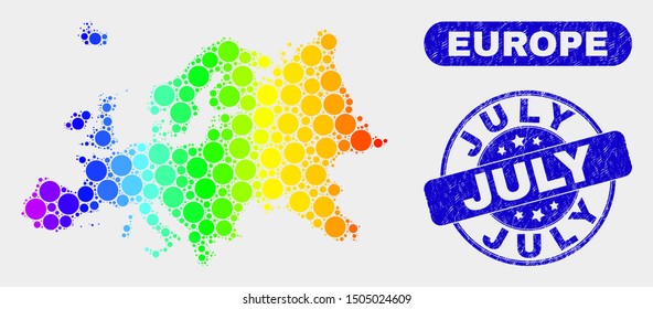 Spectrum dot Europe map and stamps. Blue rounded July distress watermark. Gradiented rainbow colored Europe map mosaic of scattered small spheres. July watermark with distress surface.