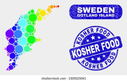 Spectrum dot Gotland Island map and seal stamps. Blue round Kosher Food grunge stamp. Gradiented spectrum Gotland Island map mosaic of random round spots. Kosher Food seal stamp with dirty surface.
