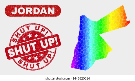 Spectrum dot Jordan map and rubber prints. Red round Shut Up! grunge seal. Gradient spectrum Jordan map mosaic of scattered small circles. Shut Up! stamp with rubber surface.
