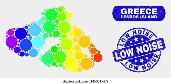 Spectrum dot Lesbos Island map and seal stamps. Blue round Low Noise scratched seal. Gradiented spectral Lesbos Island map mosaic of scattered round spots. Low Noise seal with grunge surface.