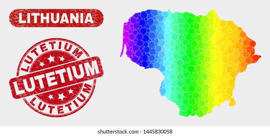 Spectrum dot Lithuania map and seal stamps. Red rounded Lutetium textured seal stamp. Gradient spectrum Lithuania map mosaic of randomized small circles. Lutetium seal with grunged surface.
