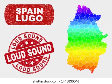 Spectrum dot Lugo Province map and rubber prints. Red rounded Loud Sound grunge seal. Gradient spectrum Lugo Province map mosaic of random small spheres. Loud Sound seal with grunge surface.