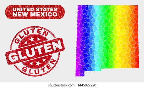 Spectrum dot New Mexico State map and seal stamps. Red round Gluten scratched stamp. Gradient spectrum New Mexico State map mosaic of random spheric dots. Gluten stamp with scratched surface.
