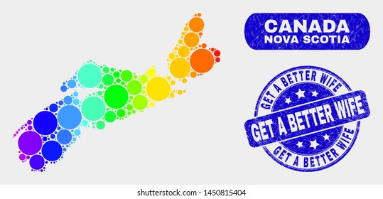 Spectrum dot Nova Scotia Province map and rubber prints. Blue round Get a Better Wife grunge seal. Gradiented spectrum Nova Scotia Province map mosaic of random round dots.