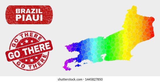 Spectrum dot Piaui State map and seal stamps. Red round Go There textured stamp. Gradient spectrum Piaui State map mosaic of random circle elements. Go There seal stamp with dirty surface.