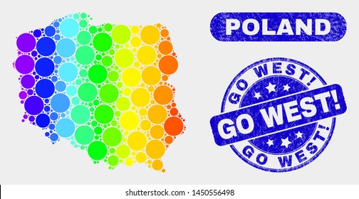 Spectrum dot Poland map and seal stamps. Blue round Go West! distress seal stamp. Gradient rainbow colored Poland map mosaic of scattered round dots. Go West! stamp with scratched texture.
