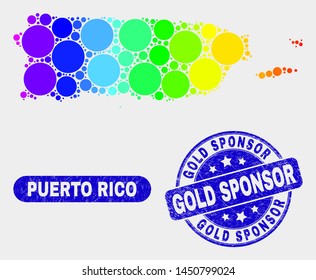 Spectrum dot Puerto Rico map and seals. Blue round Gold Sponsor distress watermark. Gradiented spectrum Puerto Rico map mosaic of random round spots. Gold Sponsor seal with scratched texture.