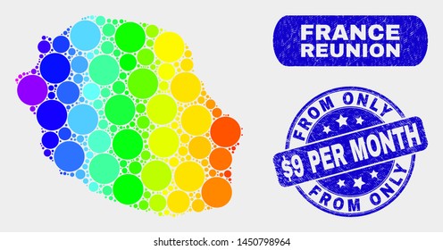 Spectrum dot Reunion Island map and seals. Blue round From Only $9 Per Month textured watermark. Gradient spectrum Reunion Island map mosaic of randomized round elements.