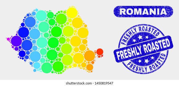 Spectrum dot Romania map and seal stamps. Blue rounded Freshly Roasted grunge seal stamp. Gradient spectrum Romania map mosaic of scattered small circles.