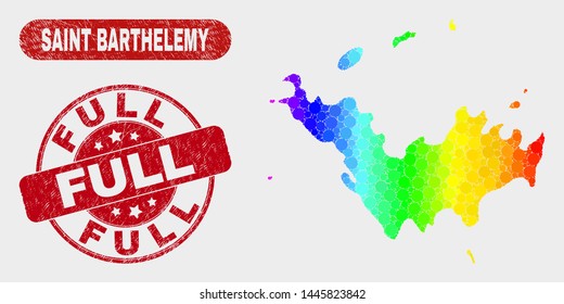 Spectrum dot Saint Barthelemy map and seal stamps. Red rounded Full scratched seal. Gradient spectral Saint Barthelemy map mosaic of scattered small spheres. Full imprint with grunge texture.