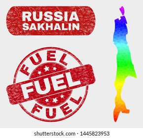 Spectrum dot Sakhalin Island map and seal stamps. Red rounded Fuel scratched seal stamp. Gradient spectral Sakhalin Island map mosaic of random small spheres. Fuel seal stamp with rubber texture.