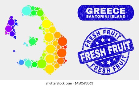 Spectrum dot Santorini Island map and seal stamps. Blue round Fresh Fruit distress seal. Gradiented spectral Santorini Island map mosaic of random round elements.