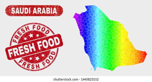 Spectrum dot Saudi Arabia map and rubber prints. Red round Fresh Food distress seal stamp. Gradient spectrum Saudi Arabia map mosaic of randomized round dots. Fresh Food stamp with distress surface.