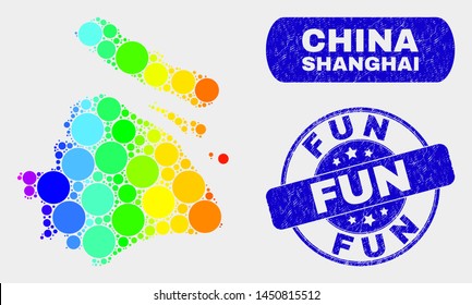 Spectrum dot Shanghai City map and seal stamps. Blue round Fun scratched seal stamp. Gradiented rainbow colored Shanghai City map mosaic of randomized round elements.