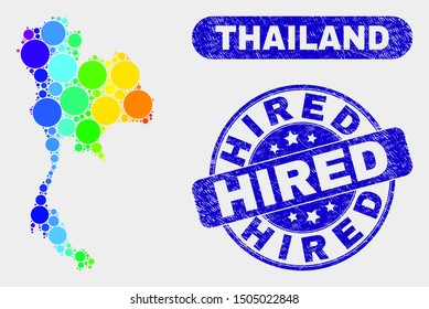Spectrum dot Thailand map and seal stamps. Blue round Hired textured stamp. Gradiented spectrum Thailand map mosaic of randomized circle. Hired seal stamp with grunged texture.