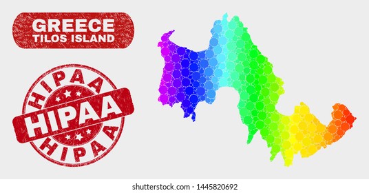 Spectrum dot Tilos Island map and seals. Red round Hipaa textured seal stamp. Gradient spectrum Tilos Island map mosaic of random small spheres. Hipaa seal stamp with dirty surface.