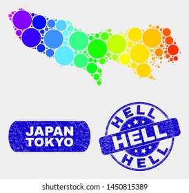 Spectrum dot Tokyo Prefecture map and rubber prints. Blue round Hell scratched seal. Gradient spectrum Tokyo Prefecture map mosaic of random spheric dots. Hell seal stamp with scratched surface.