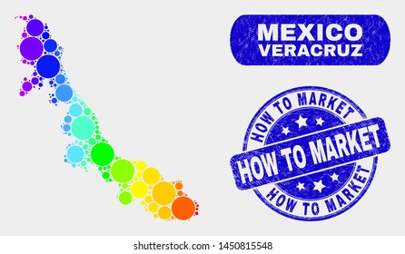 Spectrum dot Veracruz State map and seal stamps. Blue round How to Market textured seal stamp. Gradient spectrum Veracruz State map mosaic of random round elements.