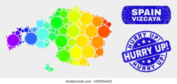 Spectrum dot Vizcaya Province map and watermarks. Blue round Hurry Up! grunge stamp. Gradient spectrum Vizcaya Province map mosaic of randomized round spots. Hurry Up! stamp with grunge texture.