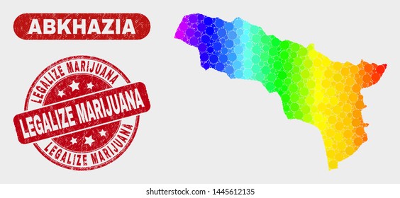 Spectrum dotted Abkhazia map and rubber prints. Red rounded Legalize Marijuana textured seal. Gradient spectrum Abkhazia map mosaic of randomized circle elements.