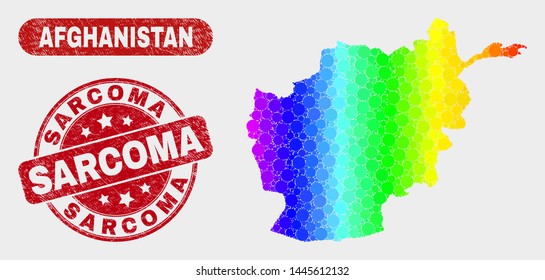 Spectrum dotted Afghanistan map and seal stamps. Red round Sarcoma grunge seal. Gradient spectrum Afghanistan map mosaic of randomized round elements. Sarcoma stamp with grunged surface.