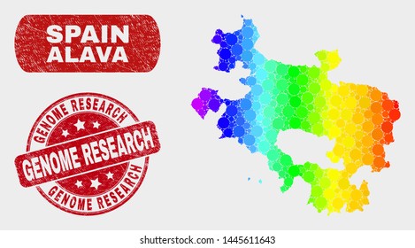 Spectrum dotted Alava Province map and watermarks. Red round Genome Research textured watermark. Gradient spectrum Alava Province map mosaic of randomized round dots.