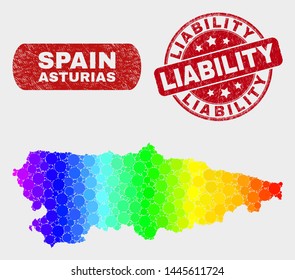 Spectrum dotted Asturias Province map and seal stamps. Red round Liability grunge seal stamp. Gradiented spectral Asturias Province map mosaic of scattered small spheres.