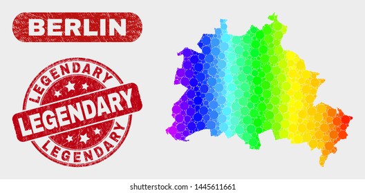 Spectrum dotted Berlin City map and rubber prints. Red round Legendary grunge seal stamp. Gradient spectrum Berlin City map mosaic of random circle dots. Legendary imprint with rubber surface.