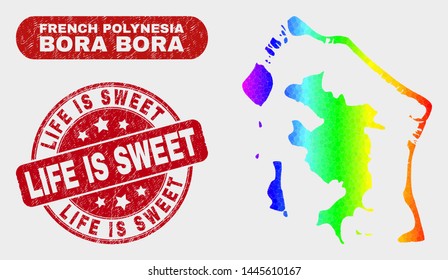 Spectrum dotted Bora-Bora map and stamps. Red rounded Life Is Sweet distress seal stamp. Gradient spectrum Bora-Bora map mosaic of scattered circle elements. Life Is Sweet stamp with grunge surface.