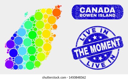 Spectrum dotted Bowen Island map and rubber prints. Blue round Live in the Moment distress seal stamp. Gradiented spectrum Bowen Island map mosaic of scattered round spots.