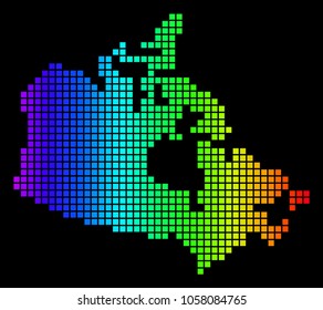 Spectrum dotted Canada Map. Vector geographic map in bright colors on a black background. Multicolored vector collage of Canada Map constructed of square dots.