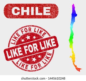 Spectrum dotted Chile map and watermarks. Red round Like for Like grunge watermark. Gradient spectrum Chile map mosaic of randomized round dots. Like for Like watermark with rubber texture.