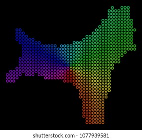 Spectrum dotted Christmas Island Map. Vector geographic map in bright spectral colors with circular gradient on a black background.