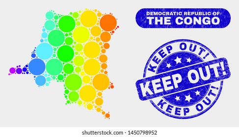 Spectrum dotted Democratic Republic of the Congo map and watermarks. Blue round Keep Out! textured seal stamp. Gradiented spectrum Democratic Republic of the Congo map mosaic of random round dots.