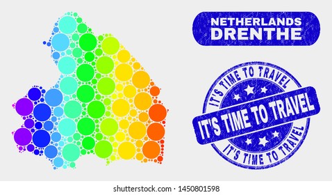 Spectrum dotted Drenthe Province map and seal stamps. Blue round It'S Time to Travel grunge seal stamp. Gradiented spectrum Drenthe Province map mosaic of randomized round spots.