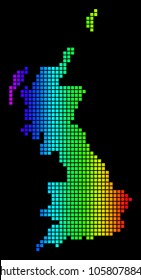 Spectrum dotted Great Britain Map. Vector geographic map in bright colors on a black background. Color vector collage of Great Britain Map composed of small squares.