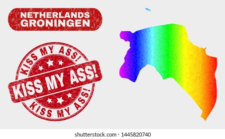 Spectrum dotted Groningen Province map and stamps. Red rounded Kiss My Ass! grunge stamp. Gradient spectral Groningen Province map mosaic of scattered circle dots.
