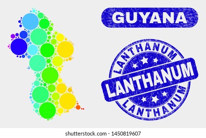 Spectrum dotted Guyana map and seal stamps. Blue round Lanthanum scratched seal stamp. Gradiented spectrum Guyana map mosaic of randomized small spheres. Lanthanum stamp with grunge surface.