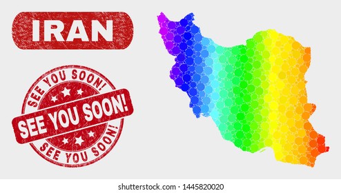 Spectrum dotted Iran map and rubber prints. Red rounded See You Soon! distress seal stamp. Gradient spectrum Iran map mosaic of randomized small circles. See You Soon! seal with distress texture.