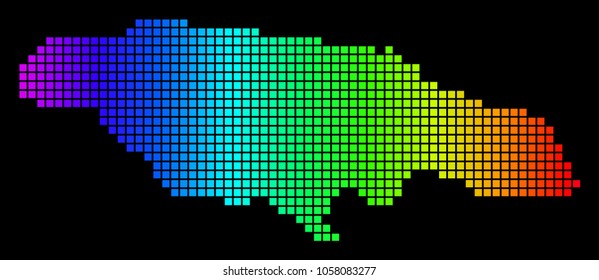 Spectrum dotted Jamaica Map. Vector geographic map in bright colors on a black background. Multicolored vector collage of Jamaica Map designed of square dots.