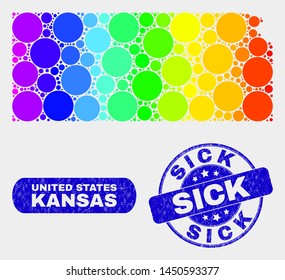Spectrum dotted Kansas State map and seal stamps. Blue rounded Sick grunge seal stamp. Gradiented spectral Kansas State map mosaic of scattered round elements. Sick stamp with scratched surface.